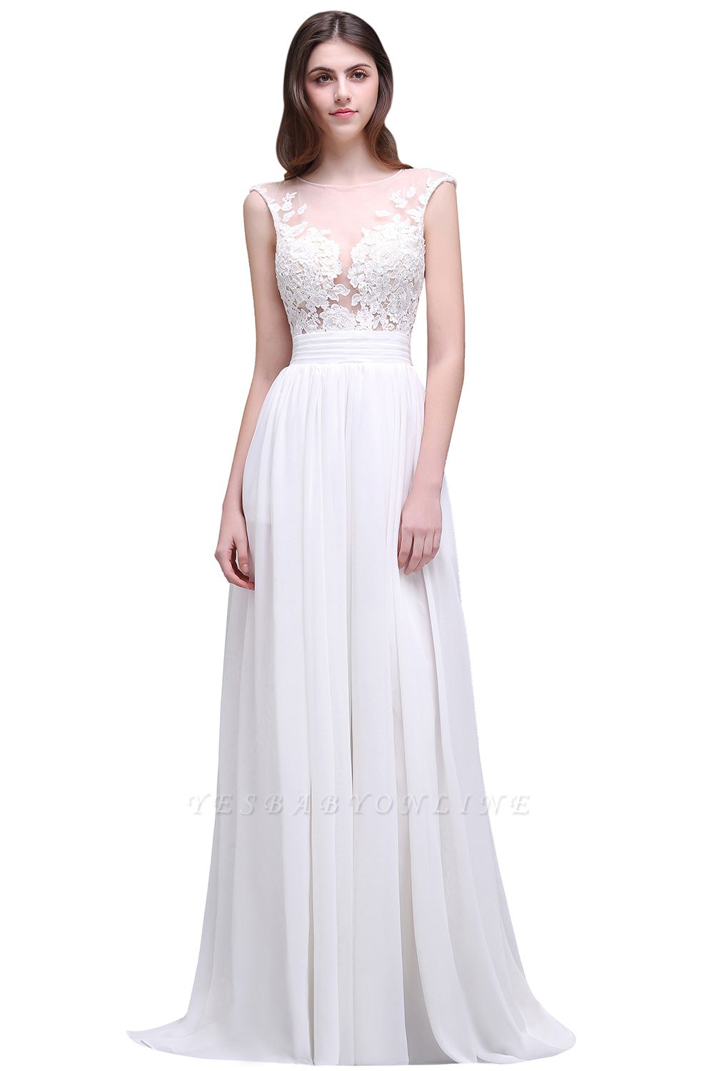 Elegant White Sheer Lace Chiffon Beach Wedding Dress