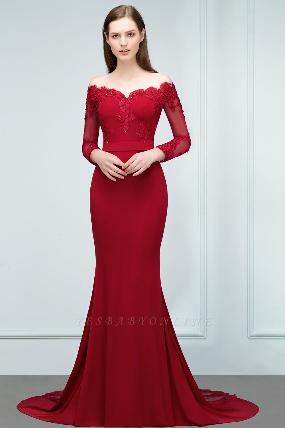 Mermaid Charmeuse Off-the-Shoulder V-Neck Long-Sleeves Floor-Length Bridesmaid Dress with Appliques