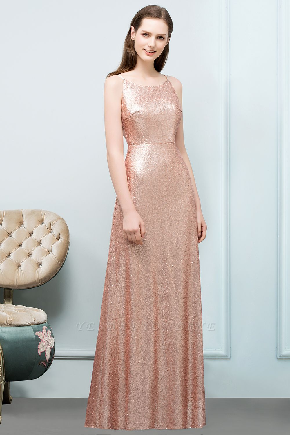A-line Sequined Scoop Sleeveless Floor-Length Bridesmaid Dresses