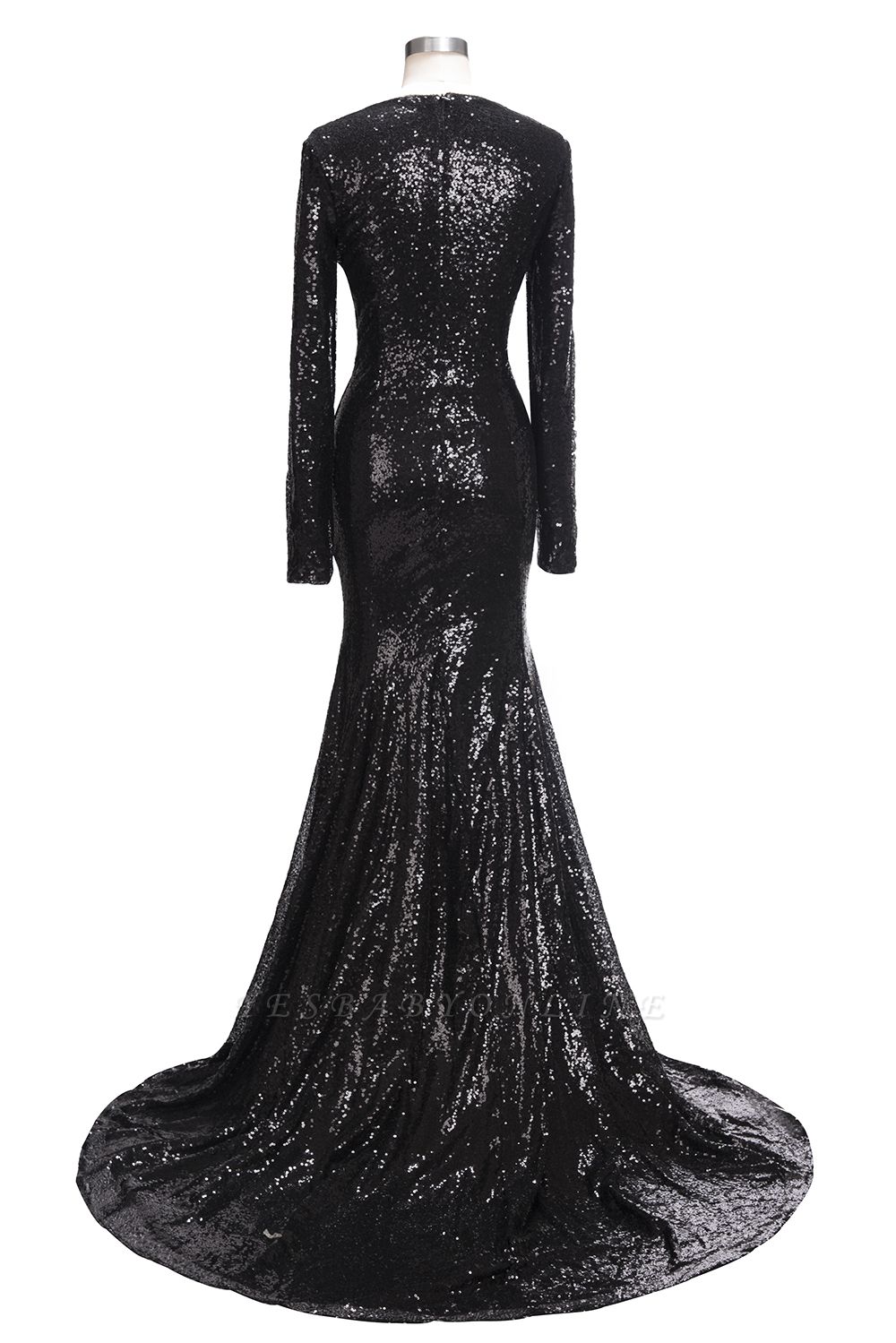 Mermaid Black Sequins Long-Sleeves Shiny V-Neck Prom Dresses ...