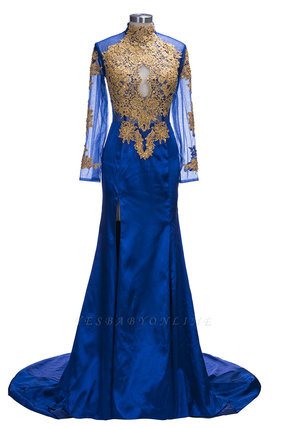 Gorgeous Royal Blue Prom Dresses | Gold Appliques Side Slit Mermaid ...