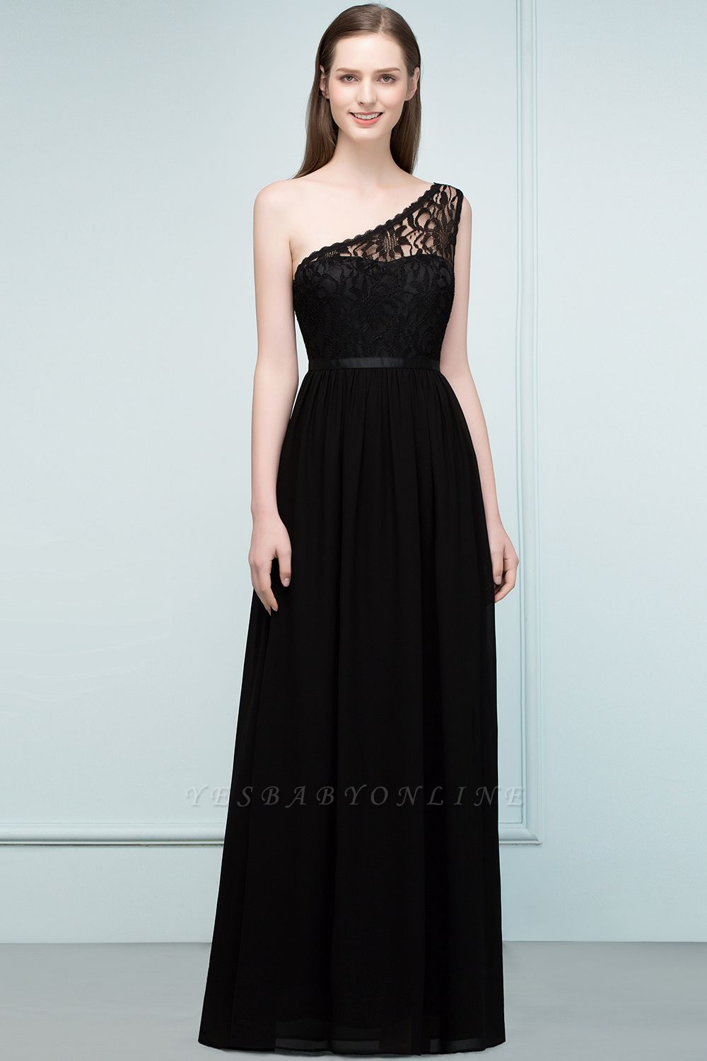 A-line  Lace One-shoulder Floor-length Bridesmaid Dress Floor Length with Sash