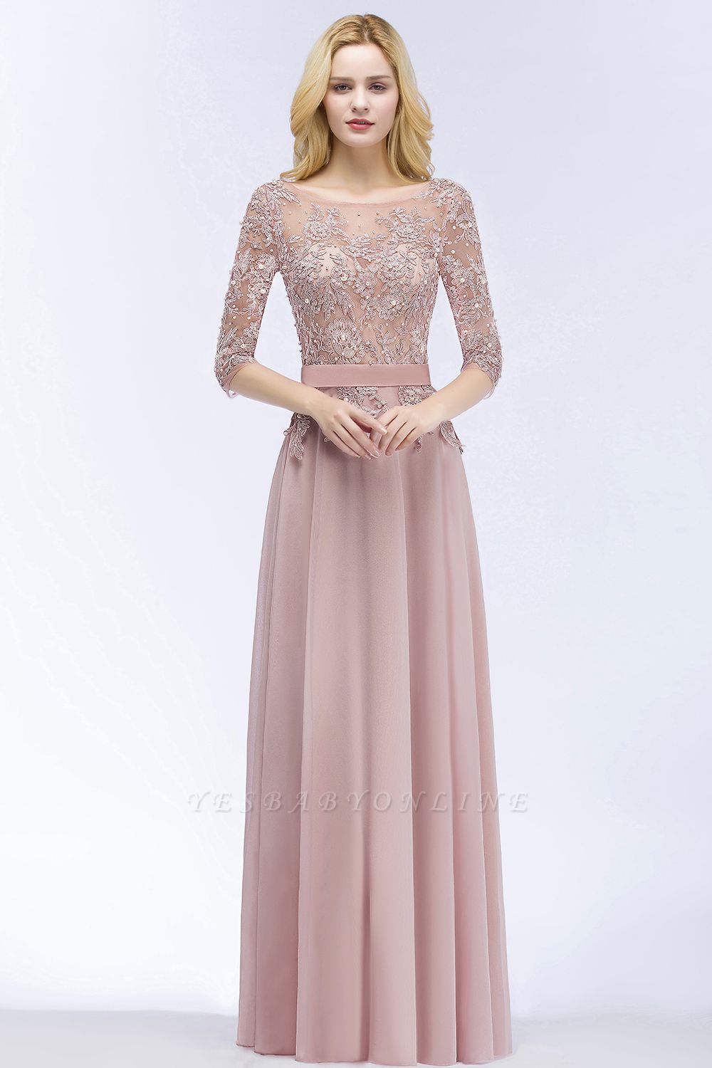 A-line  Appliques Jewel Half-Sleeves Floor-Length Bridesmaid Dresses with Sash