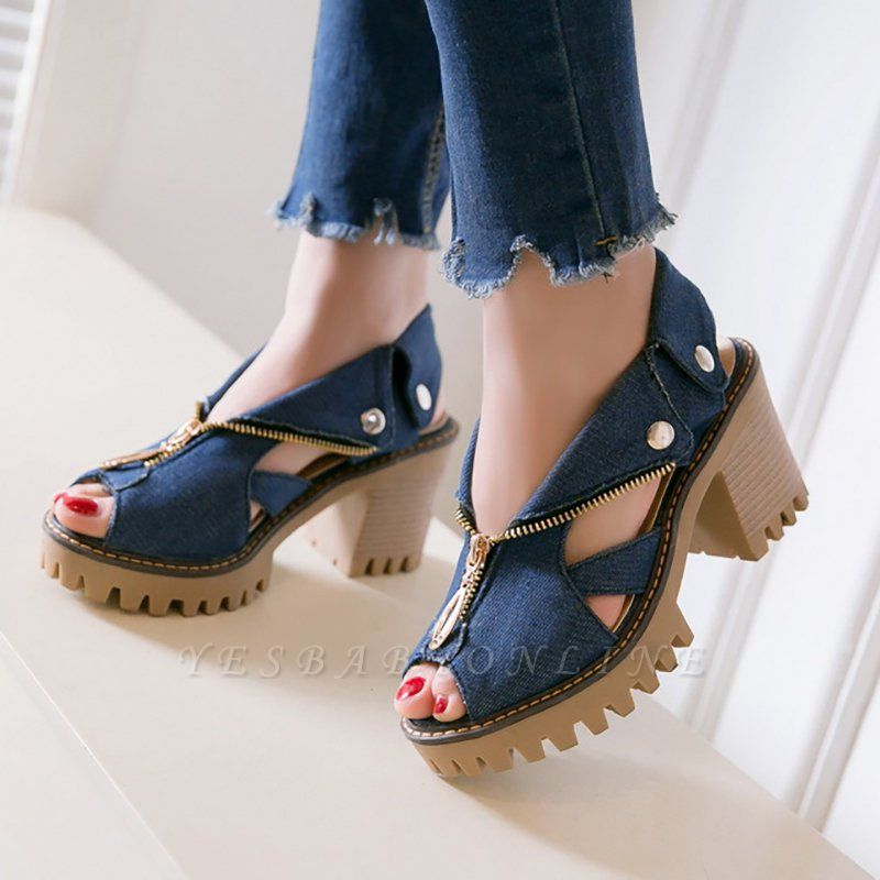 Denim Peep Toe Platform Women Chunky Sandals | Yesbabyonline.com