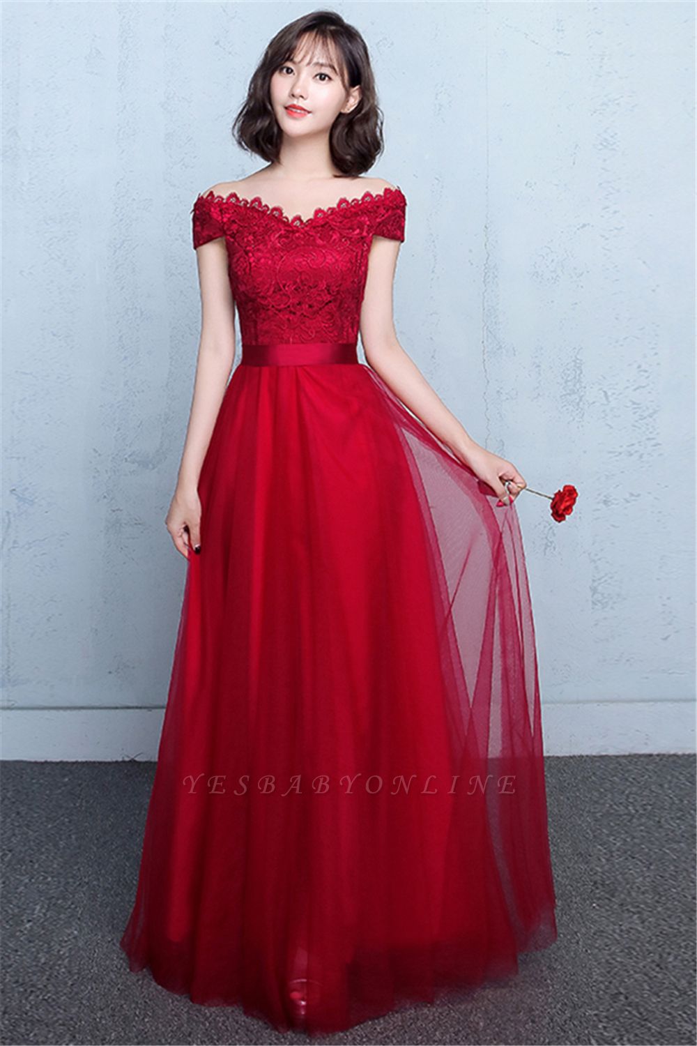 Lace A-Line Off-Shoulder Red  Elegant Evening Dresses