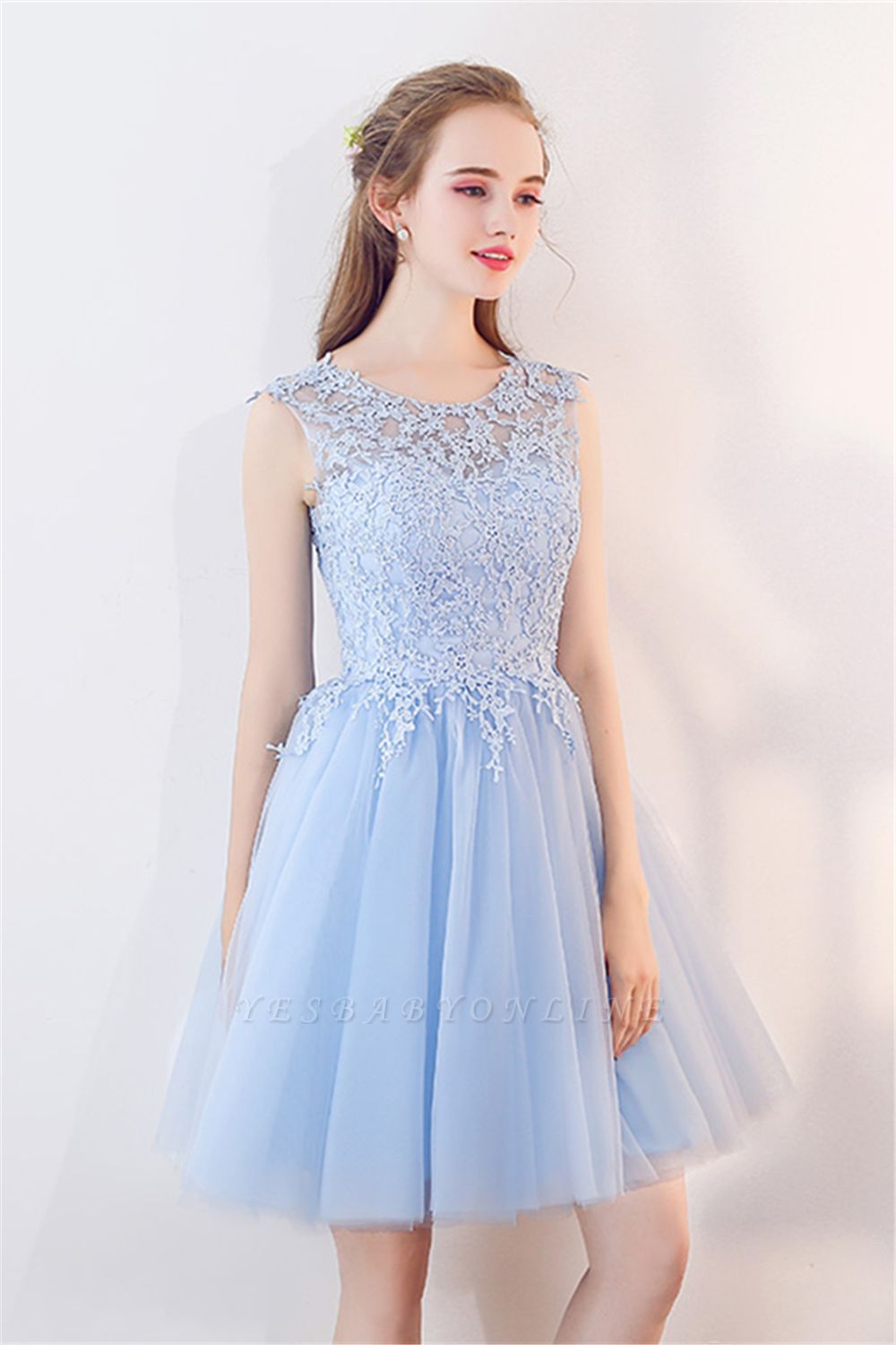 Baby-Blue Lace Short Appliques Sleeveless Homecoming Dresses ...