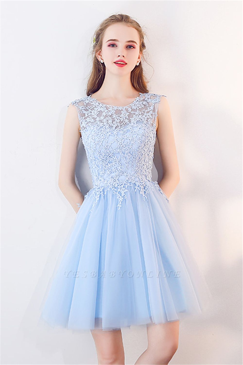 Baby-Blue Lace Short Appliques Sleeveless Homecoming Dresses ...