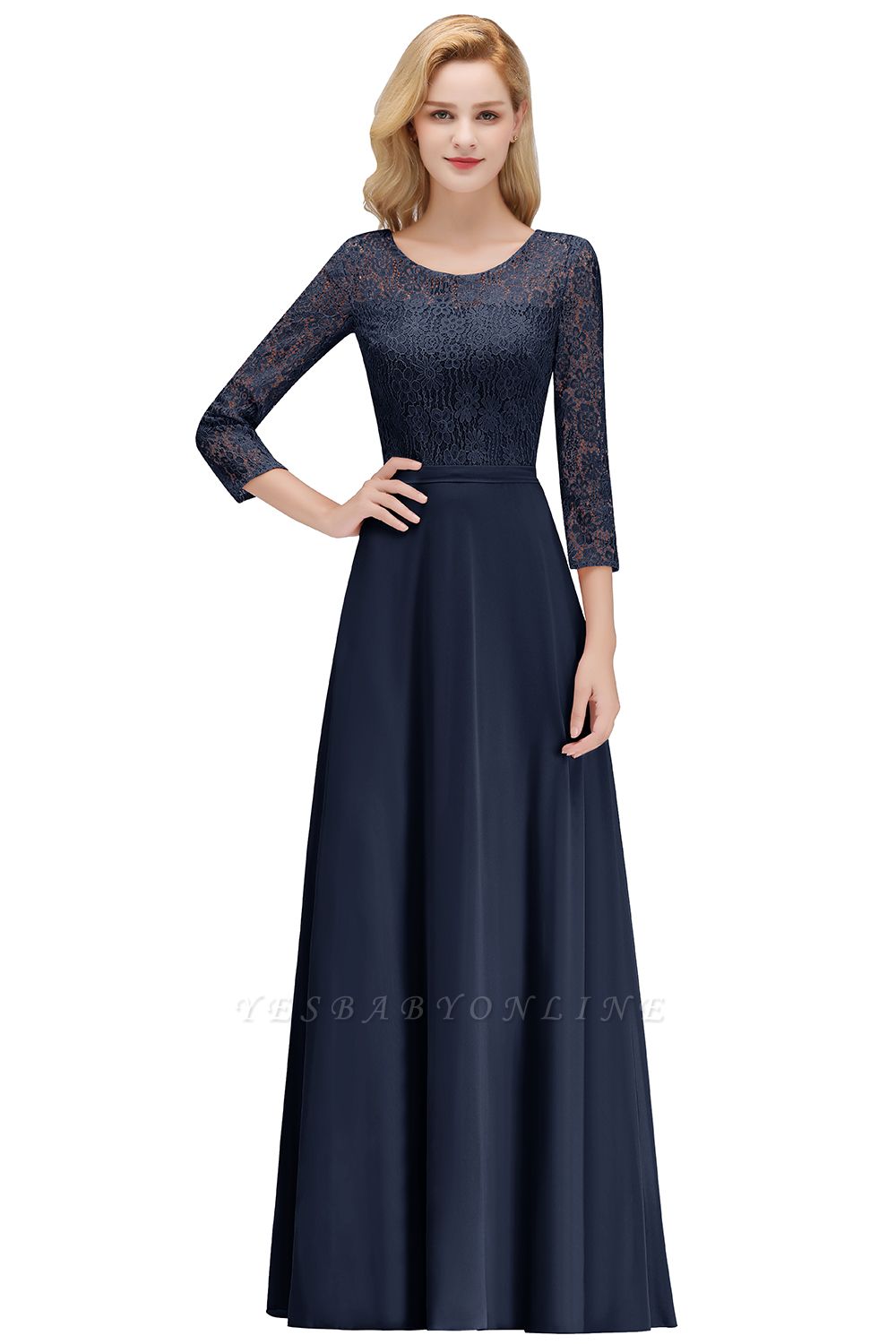 Simple Chiffon A-Line Bridesmaid Dresses | Scoop 3/4 Sleeves Lace Formal Prom Dresses