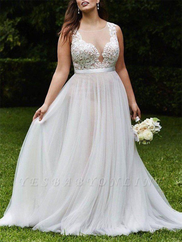 Tulle Scoop Sleeveless Court Train Lace Wedding Dresses