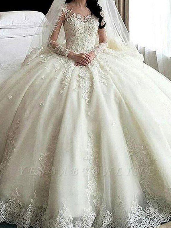 Tulle Scoop Applique Long Sleeves Puffy Cathedral Train Lace Wedding Dresses