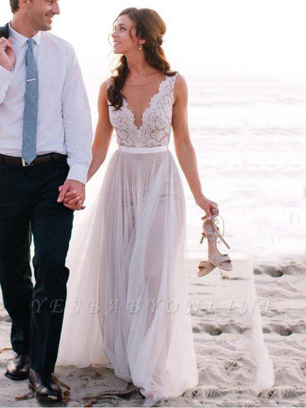 Glamorous Sleeveless Floor-Length Scoop Lace Tulle Wedding Dresses