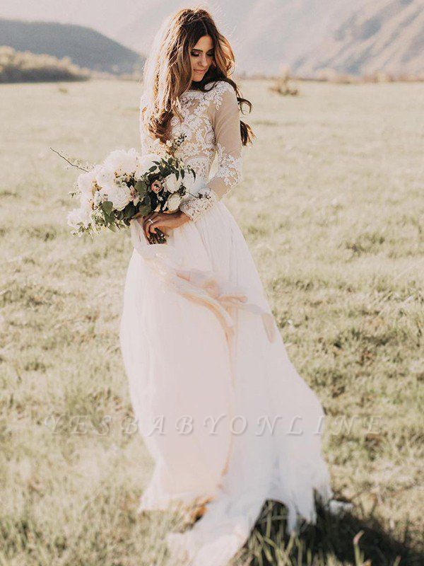 Alluring Long Sleeves Floor-Length Applique Tulle Scoop Wedding Dresses