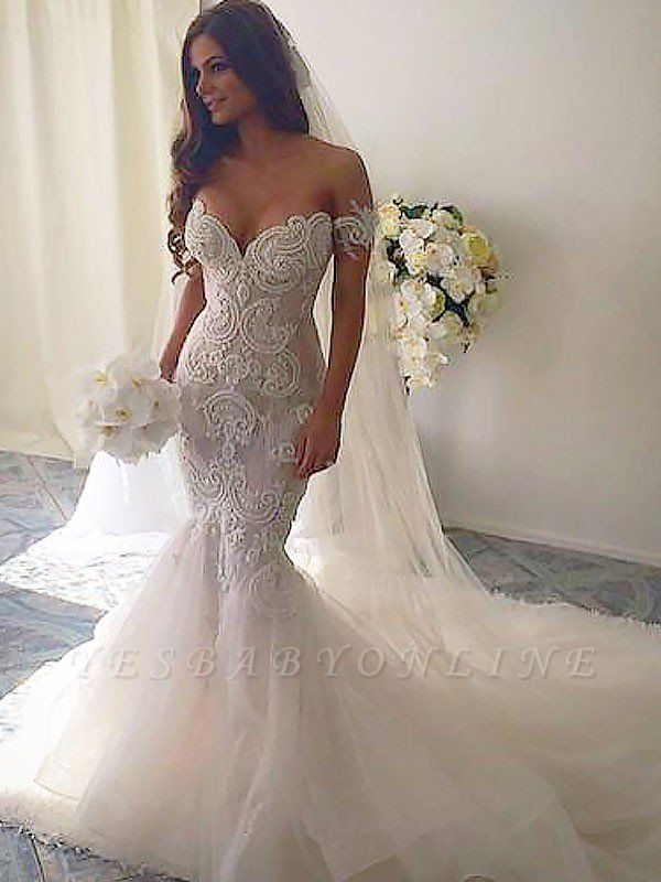 Off-the-Shoulder Tulle Chapel Train Sleeveless Sexy Mermaid Wedding ...