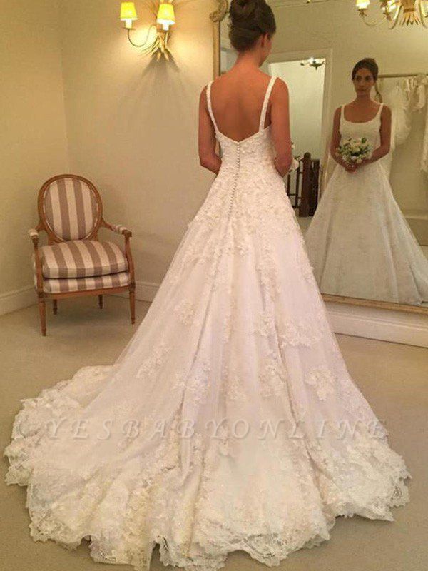 Dazzling Court Train Straps Sleeveless Square Lace Applique Wedding Dresses