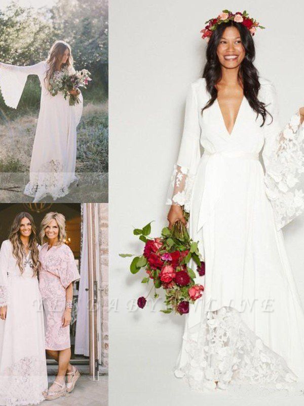 Alluring Floor-Length V-neck Chiffon Long Sleeves Lace Ribbon Wedding Dresses