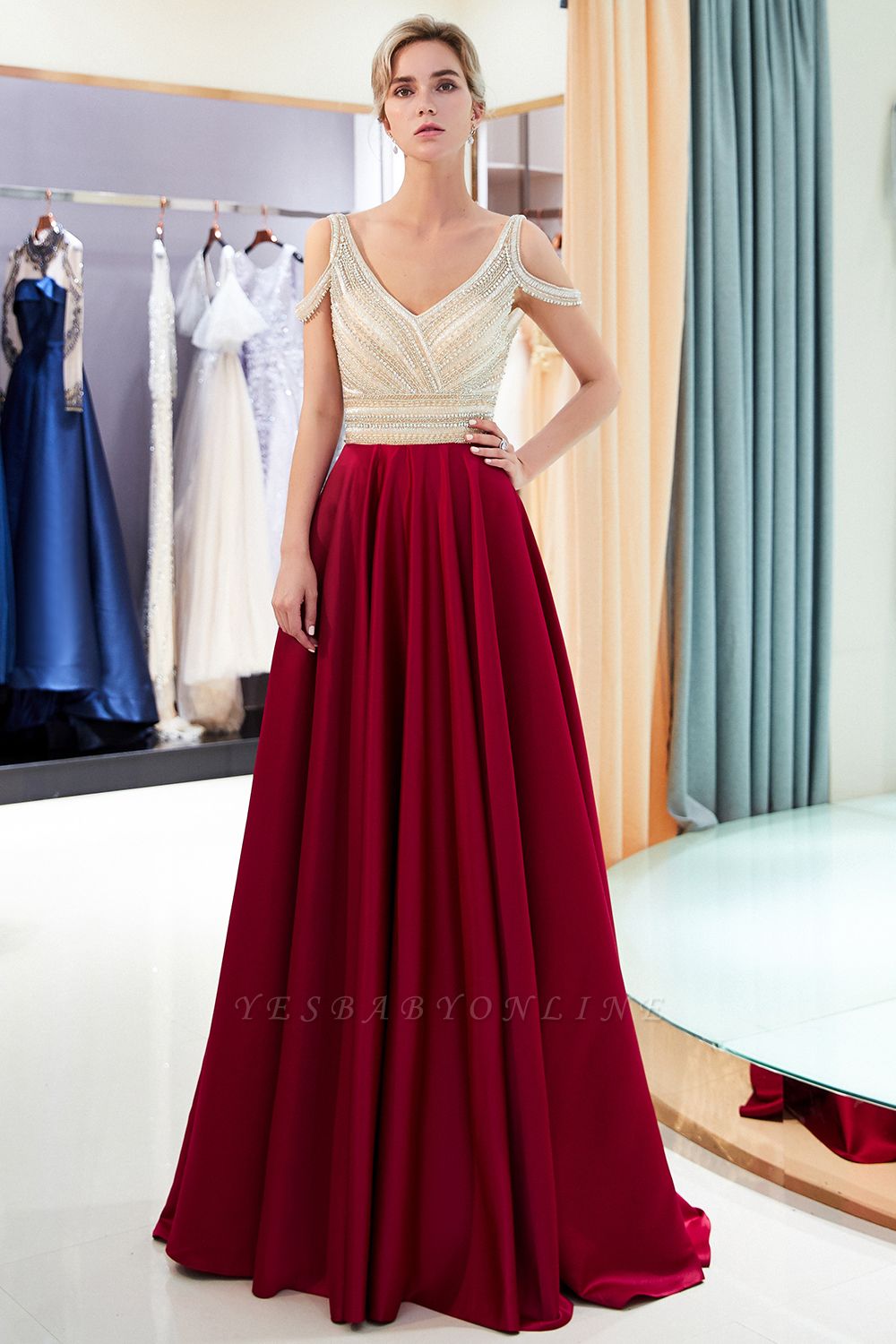 A-Line Burgundy V-Neck Sleeveless Prom Dress | 2019 Sexy Crystal Open Back Evening Dress