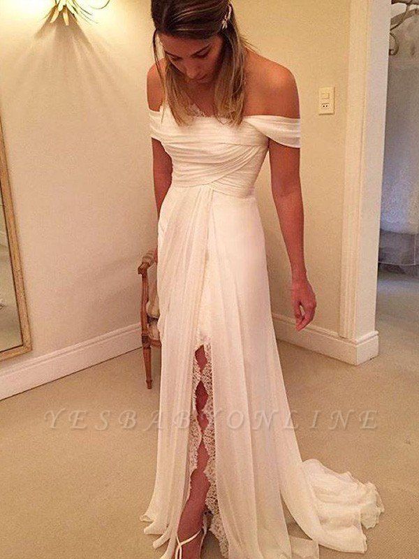 Off-the-Shoulder Sleeveless Sweep Train Chiffon Ruffles Wedding Dresses