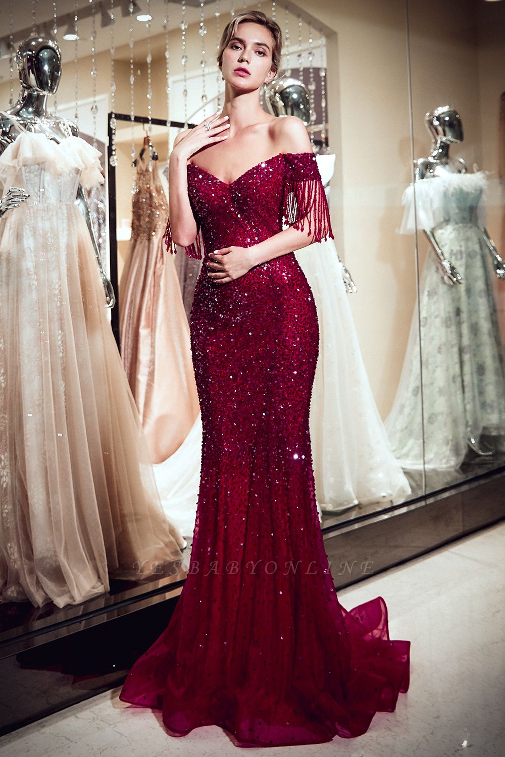 Sparkly Burgundy Crystal Off-the-Shoulder Prom Dress | Mermaid Evening Dress with Tassels