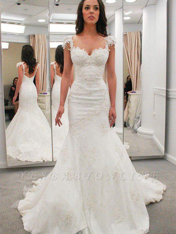 Chapel Train Sweetheart Sexy Mermaid Short Sleeves Applique Lace Wedding Dresses