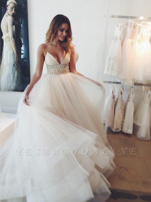 Puffy Crystal Tulle Wedding Dresses | Spaghetti Straps Sleeveless Court Train Bridal Gowns