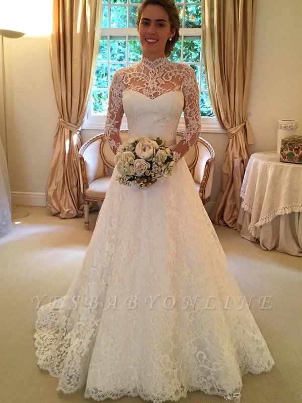High Neck Court Train Puffy Long Sleeves Lace Wedding Dresses