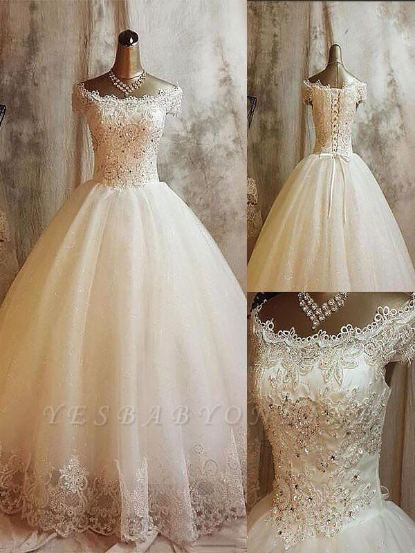Sweep Train Puffy Applique Sleeveless Off-the-Shoulder Tulle Wedding Dresses