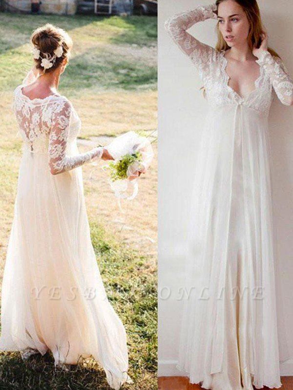 Charming Floor-Length V-neck Long Sleeves Chiffon Empire Lace Wedding Dresses