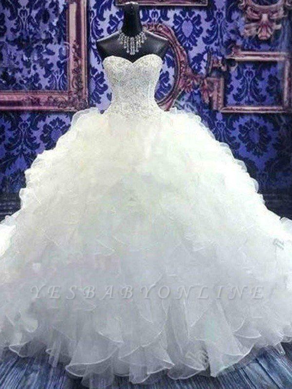 Sleek Chapel Train Beaded Sequin Puffy Sweetheart Sleeveless Organza Wedding Dresses