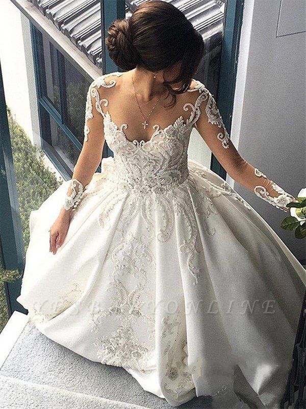 Long Sleeves Satin Puffy Scoop Cathedral Train Applique Wedding Dresses