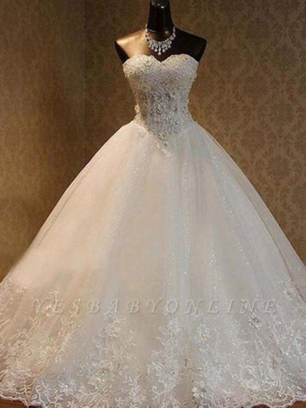 Floor-Length Sweetheart Beads Sleeveless Tulle Puffy Wedding Dresses