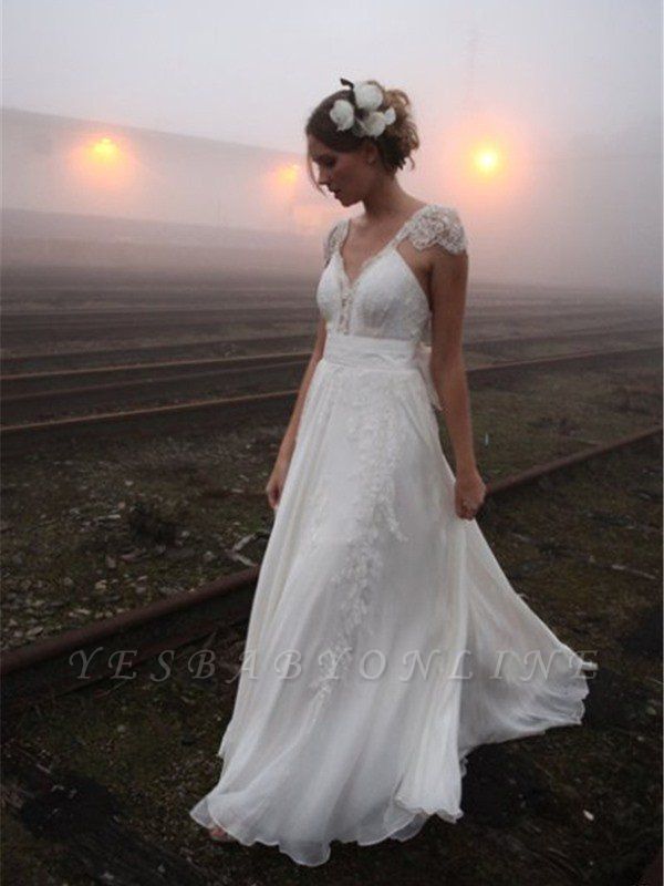 V-neck Floor-Length Sleeveless Lace Chiffon  Wedding Dresses
