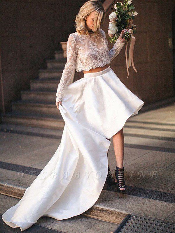 Scoop Sweep Train Two Piece Satin Long Sleeves Lace Wedding Dresses