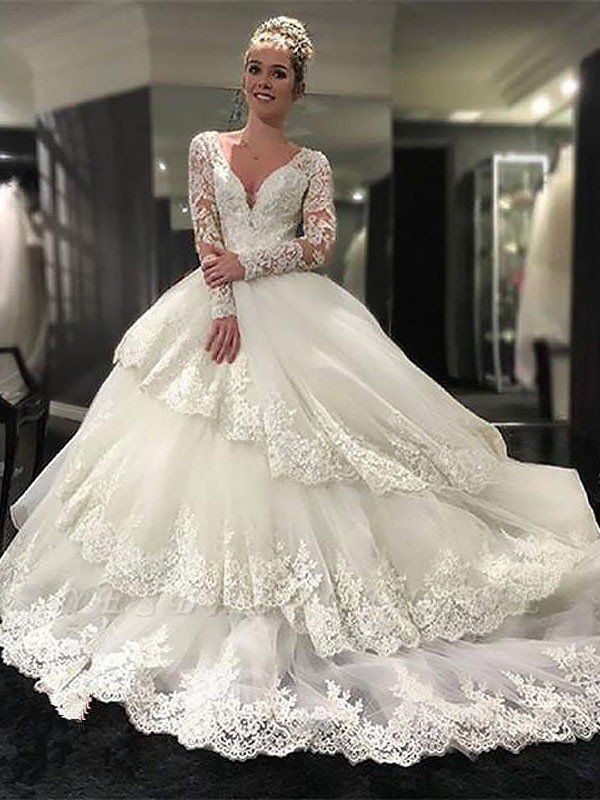 Lace Tulle Court Train Long Sleeves V-neck Puffy Wedding Dresses