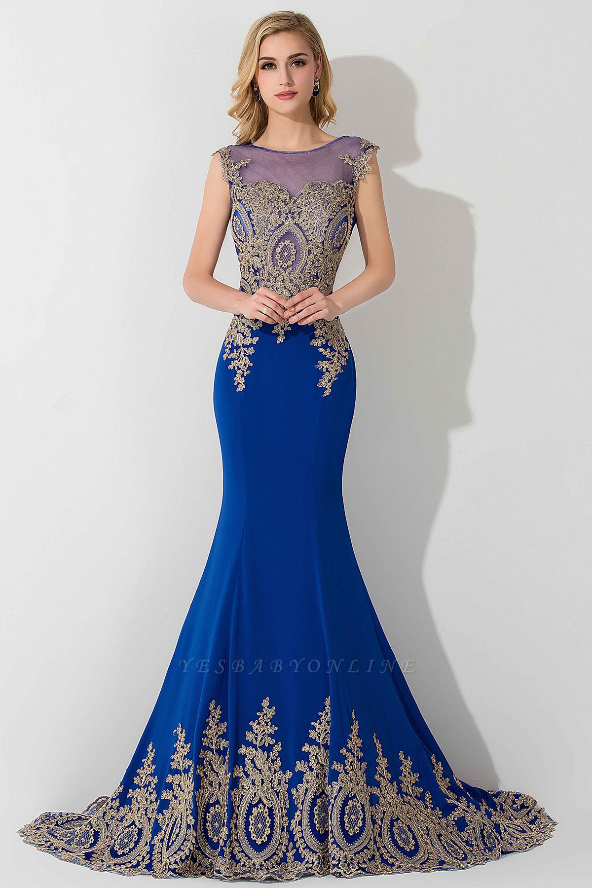 Mermaid  Scoop Sleeveless Court Train Evening Dress with Appliques