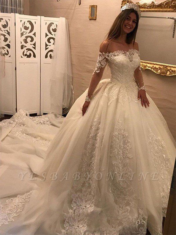 Cathedral Train Tulle Off-the-Shoulder Puffy Long Sleeves Applique Wedding Dresses