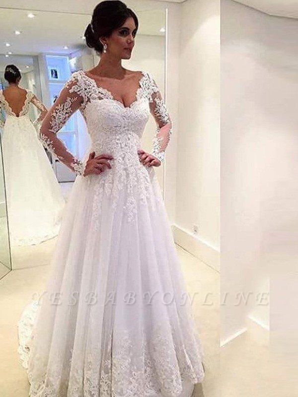 V-neck Puffy Tulle Long Sleeves Court Train Lace Wedding Dresses