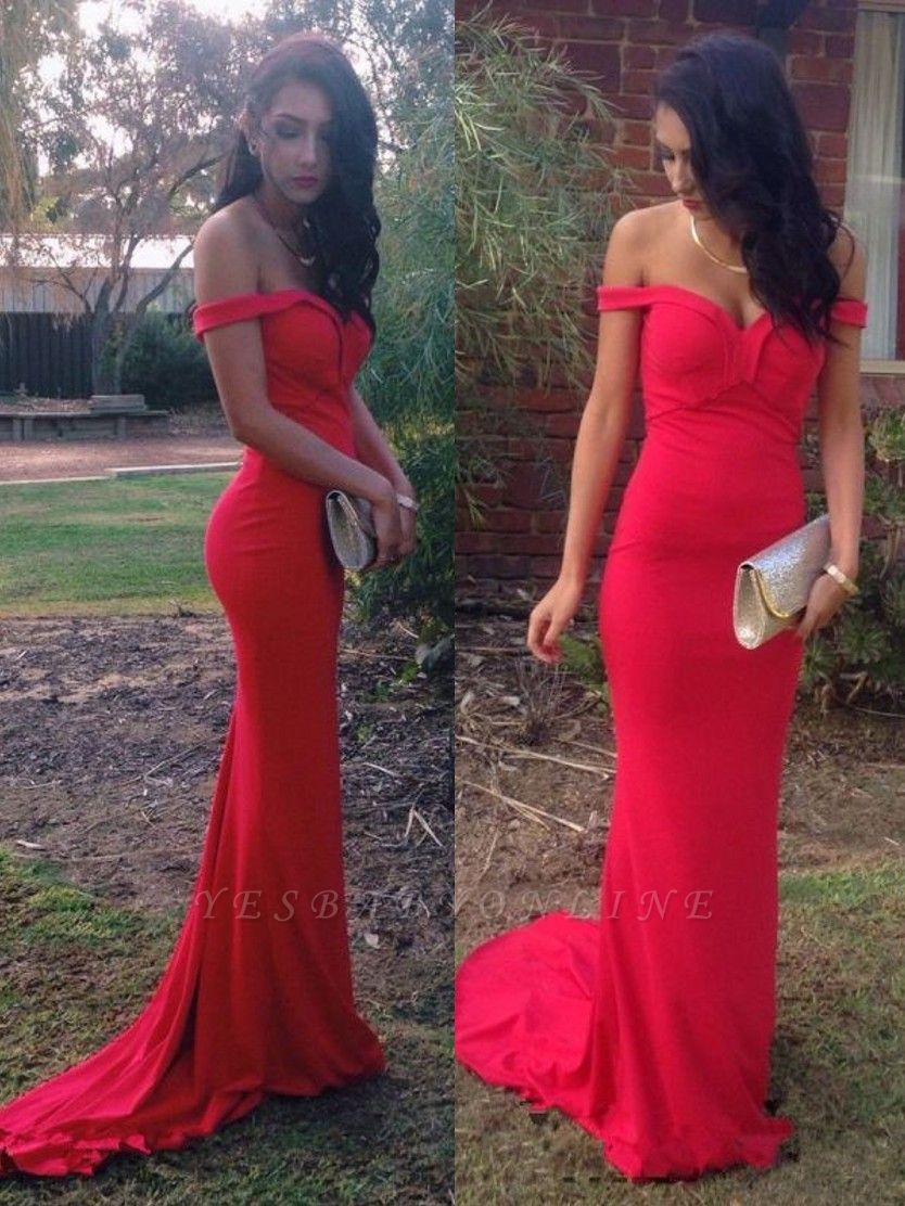Sexy Long  Formal Prom Dress Red Off the Shoulder Party Dresses