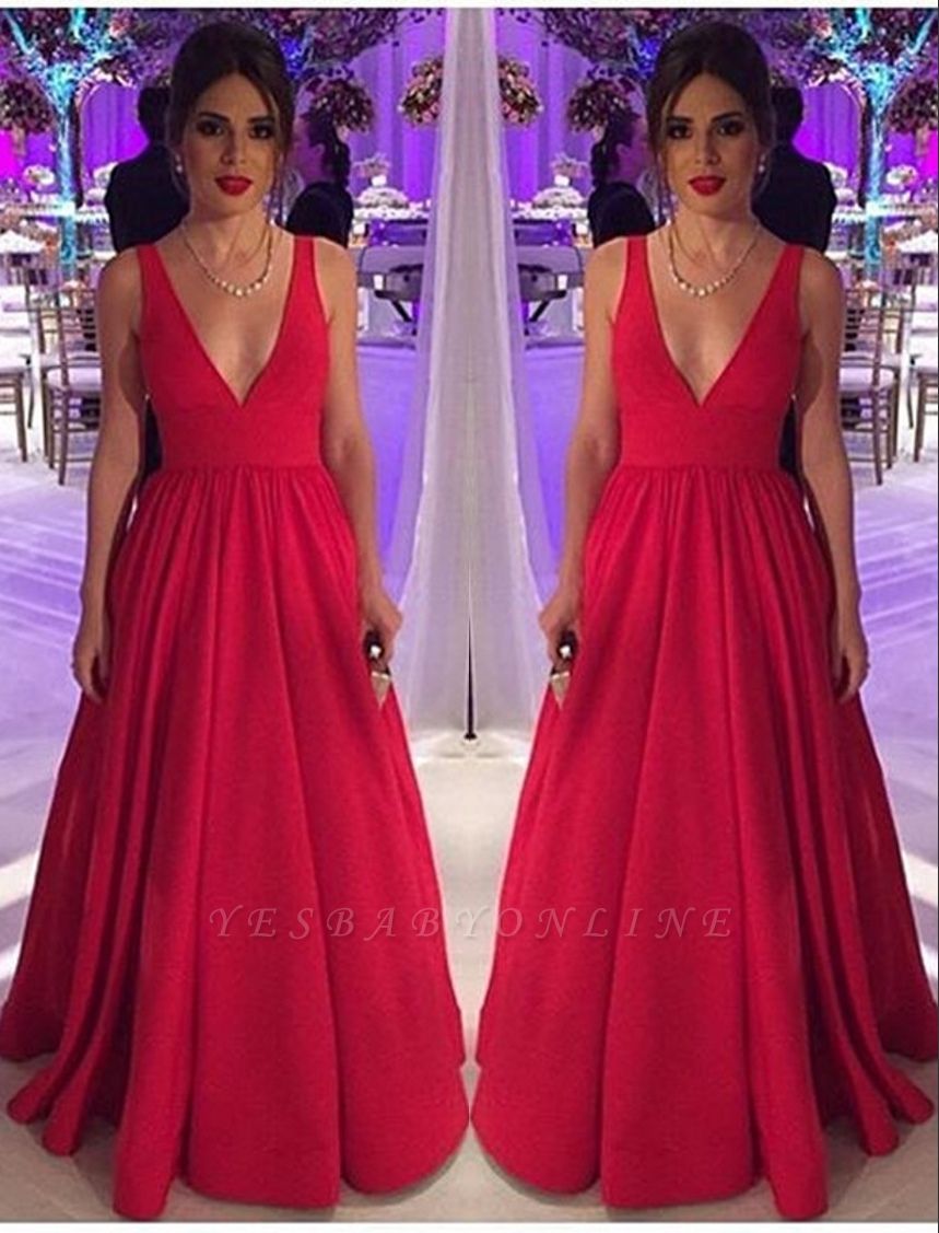 Open-Back Long Red Sleeveless V-neck Evening Dresses