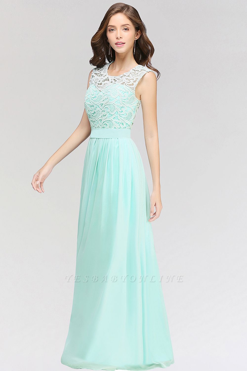 A-line Lace Jewel Sleeveless Floor-Length Bridesmaid Dress with Ruffles ...