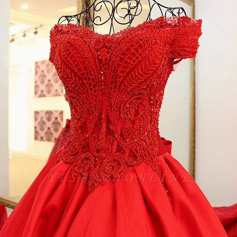 Sweetheart Off-the-shoulder Beading Bow Floor-length Ball Gown Prom Dress