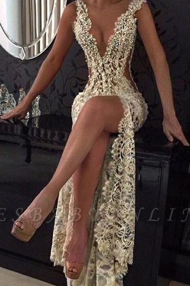 Sexy Sheer Lace Prom Dresses | Deep-V-Neck Front Slit Long Party Dress