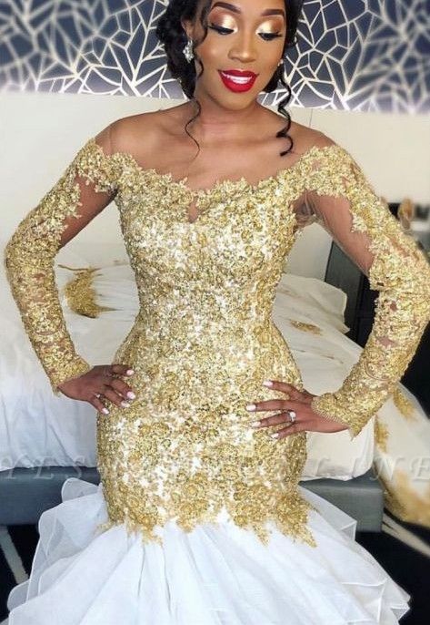 long sleeve gold prom dress