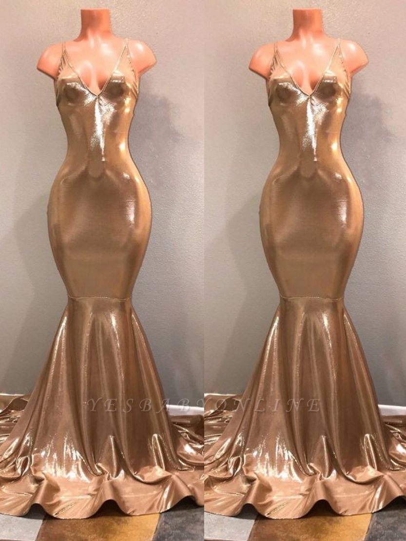 Gold Spaghetti Straps Prom Dresses | Long Mermaid Backless Evening Dresses