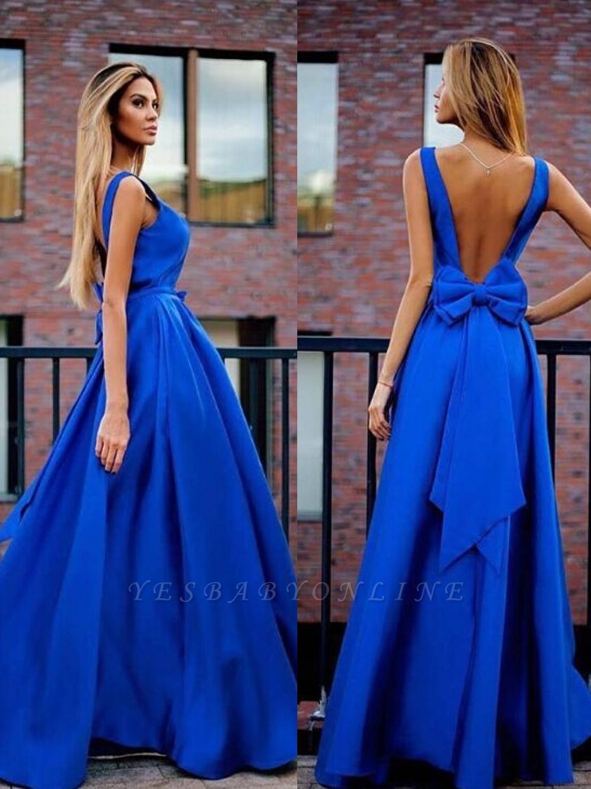 Floor-Length Open-Back Royal-Blue Elegant Bowknot Prom Dresses