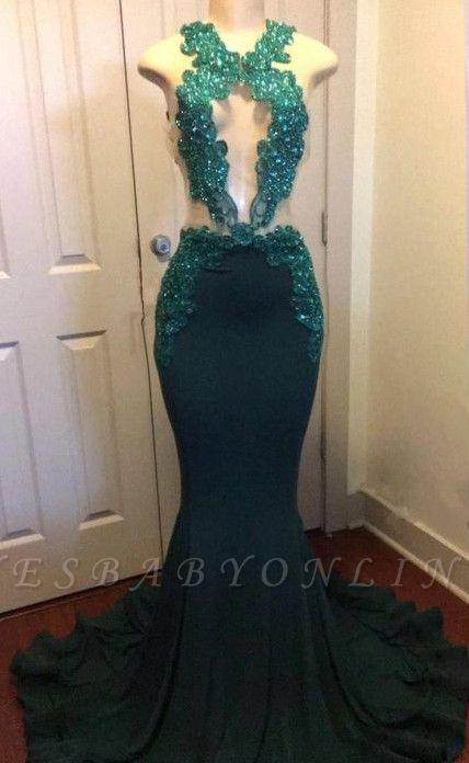 Crystal Appliques Mermaid Prom Dresses | Green Halter Sleeveless Evening Gowns