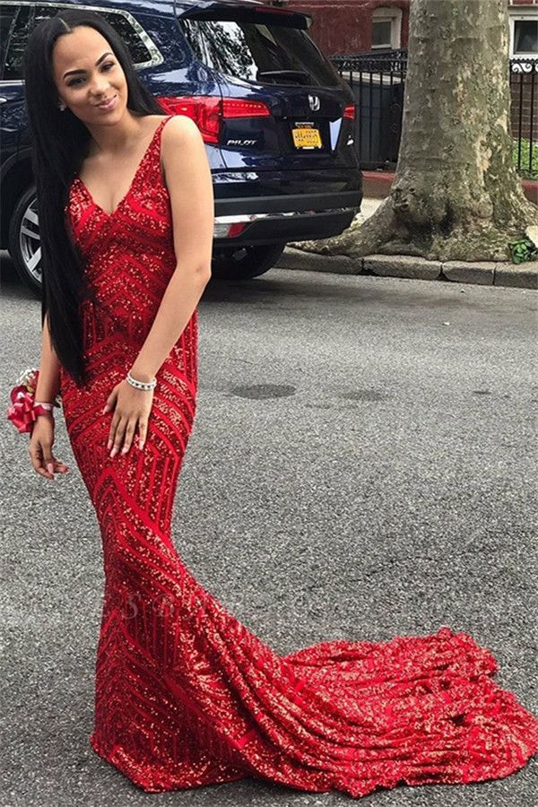 Fashion Spaghetti Straps Sleeveless V-Neck Sequins Mermaid Prom Dress