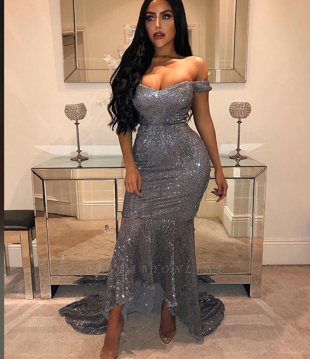 Sexy Off-the-Shoulder Sleeveless Sheath High Low Prom Dress