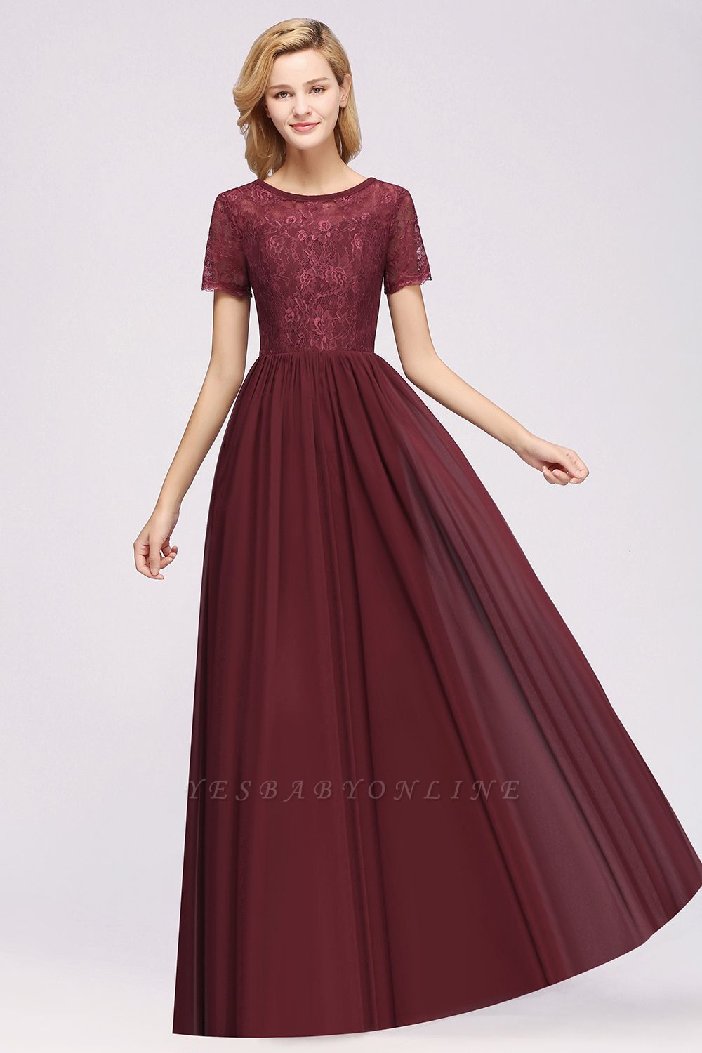 A-line  Lace Jewel Short-Sleeves Floor-length Bridesmaid Dress
