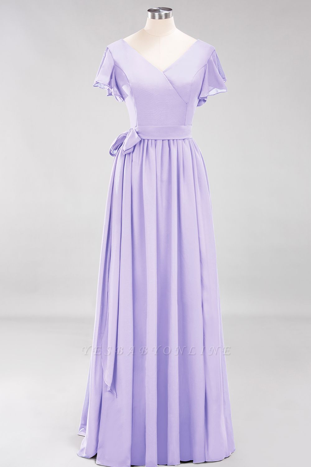elegant A-line  V-Neck Short-Sleeves Floor-Length Bridesmaid Dresses with Bow Sash
