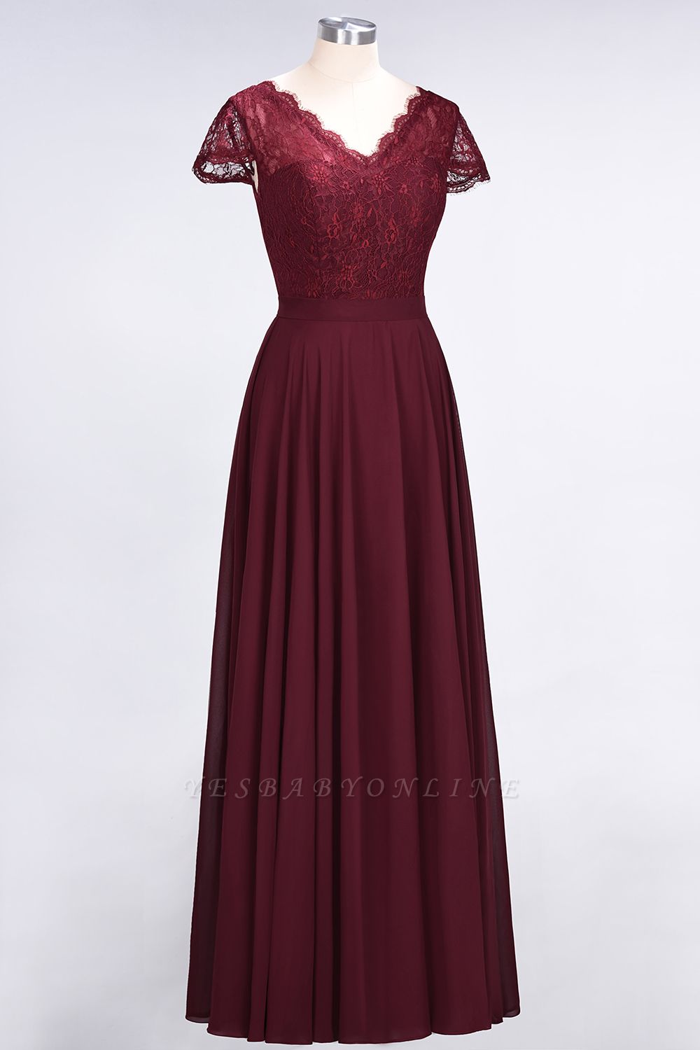 A-Line V-Neck Cap-Sleeves Floor-Length Lace Bridesmaid Dress ...